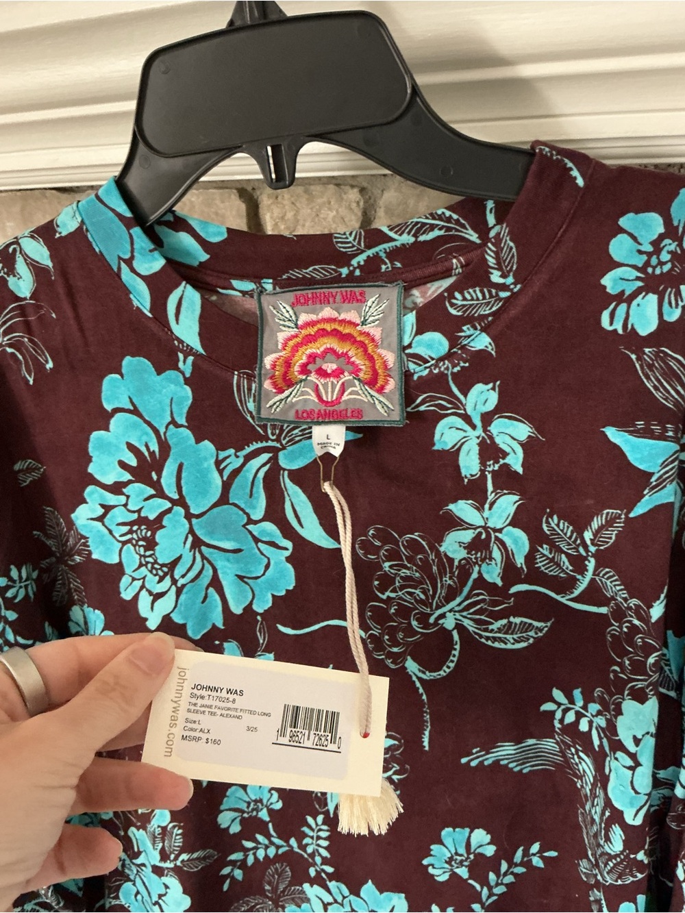 Johnny Was Teal Floral Long Sleeve Top on brown - Picture 2 of 4